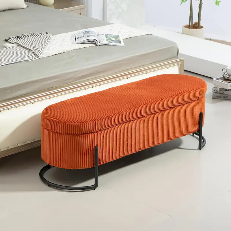 Banc de rangement en velours gris foncé/orange/rose/beige/émeraude/noir avec charnière de sécurité et pieds en métal – Simple