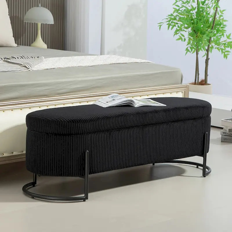Banc de rangement en velours gris foncé/orange/rose/beige/émeraude/noir avec charnière de sécurité et pieds en métal – Simple