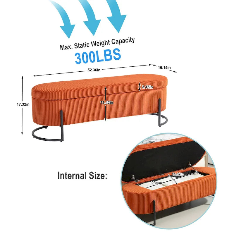 Banc de rangement en velours gris foncé/orange/rose/beige/émeraude/noir avec charnière de sécurité et pieds en métal – Simple
