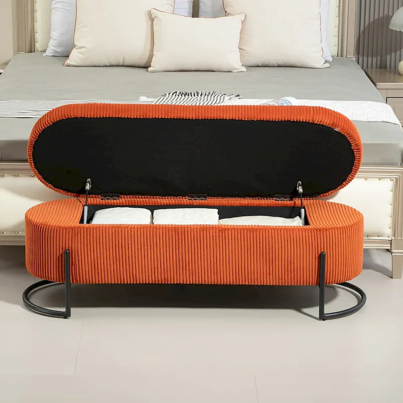 Banc de rangement en velours gris foncé/orange/rose/beige/émeraude/noir avec charnière de sécurité et pieds en métal – Simple