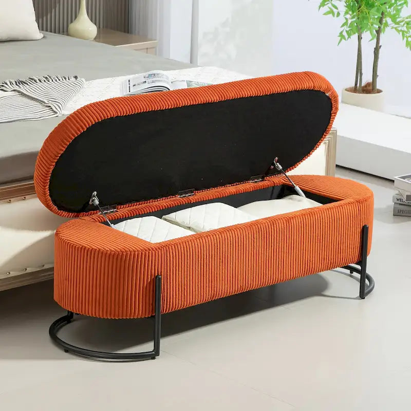 Banc de rangement en velours gris foncé/orange/rose/beige/émeraude/noir avec charnière de sécurité et pieds en métal – Simple