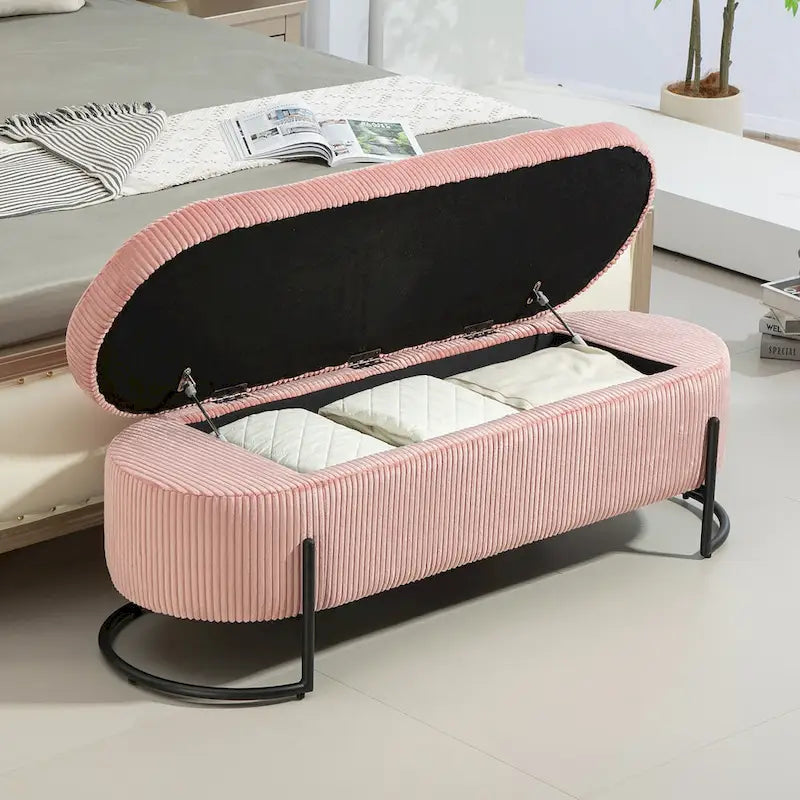 Banc de rangement en velours gris foncé/orange/rose/beige/émeraude/noir avec charnière de sécurité et pieds en métal – Simple