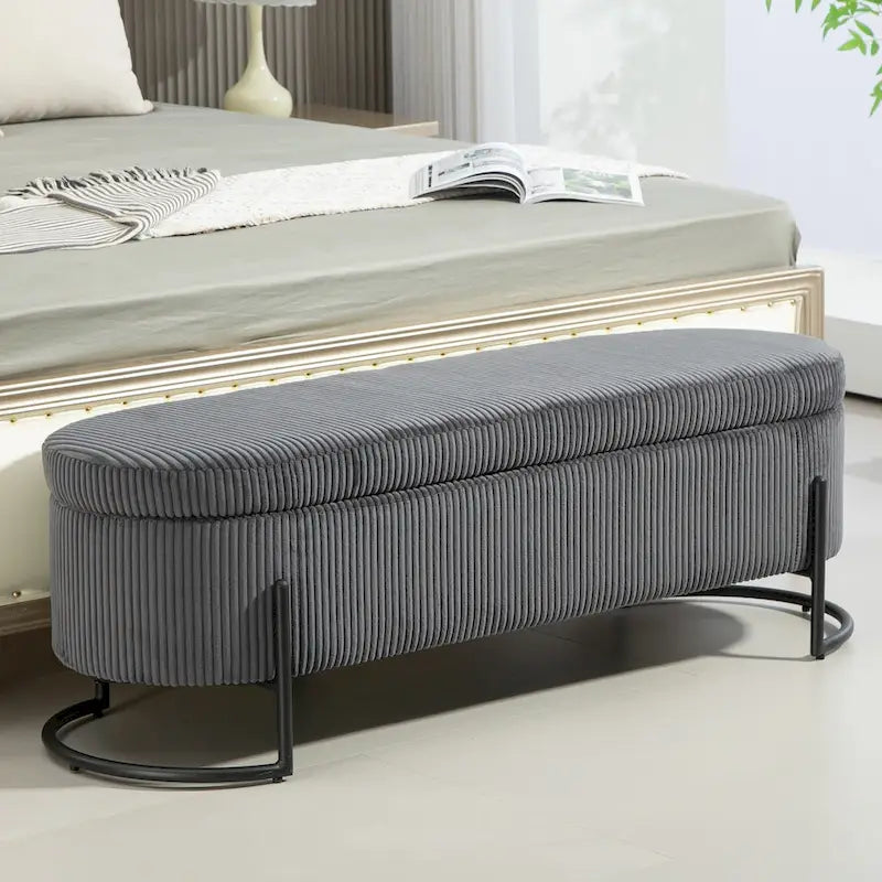 Banc de rangement en velours gris foncé/orange/rose/beige/émeraude/noir avec charnière de sécurité et pieds en métal – Simple
