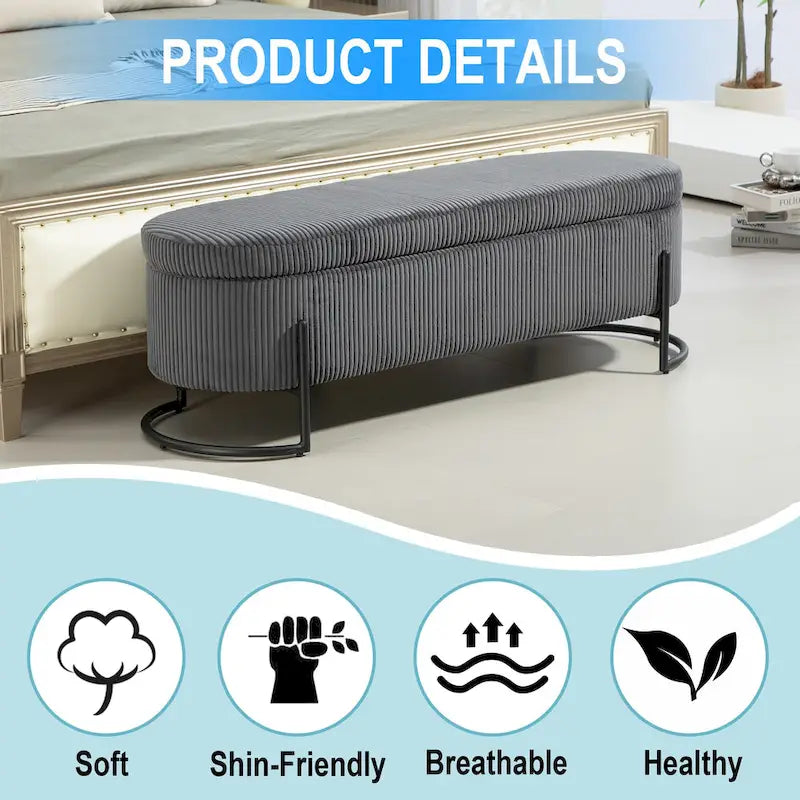 Banc de rangement en velours gris foncé/orange/rose/beige/émeraude/noir avec charnière de sécurité et pieds en métal – Simple