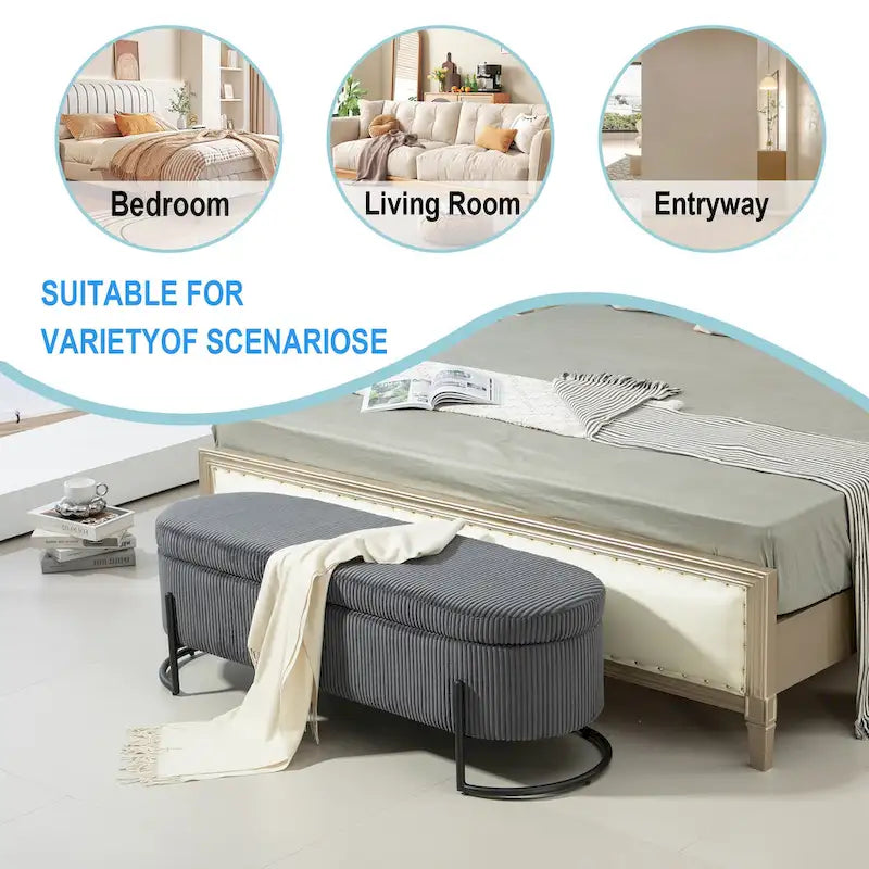 Banc de rangement en velours gris foncé/orange/rose/beige/émeraude/noir avec charnière de sécurité et pieds en métal – Simple