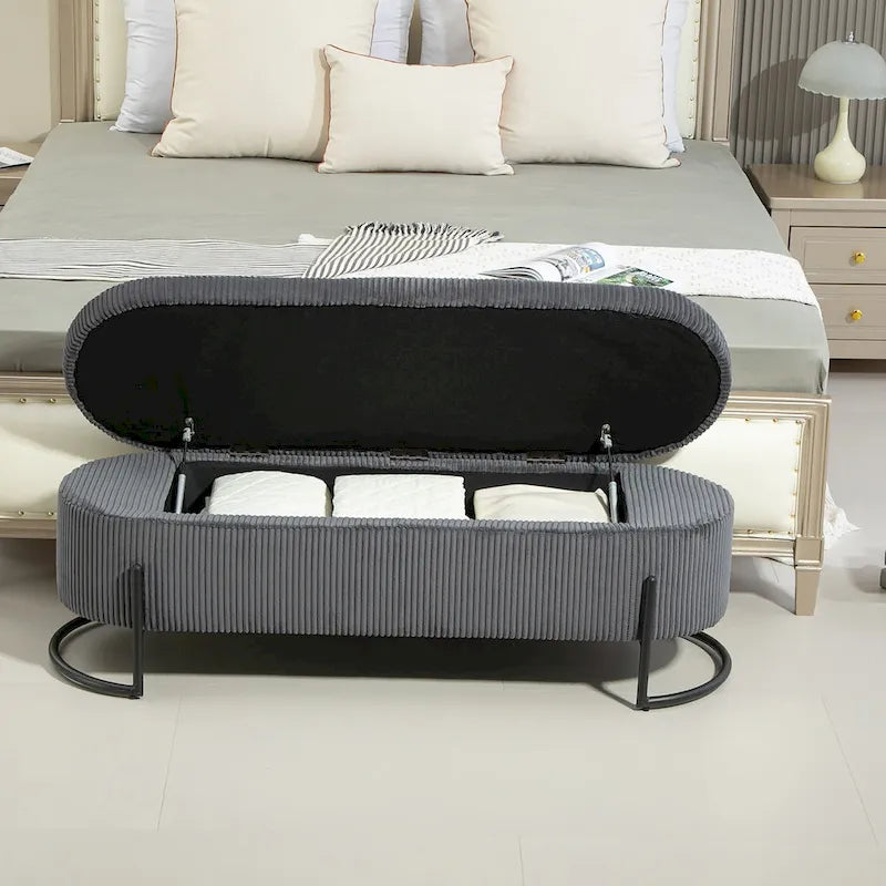Banc de rangement en velours gris foncé/orange/rose/beige/émeraude/noir avec charnière de sécurité et pieds en métal – Simple