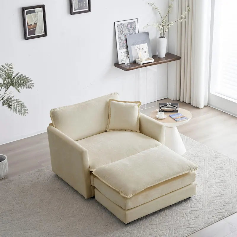 Fauteuil simple en chenille beige avec pouf et double coussin – Simple