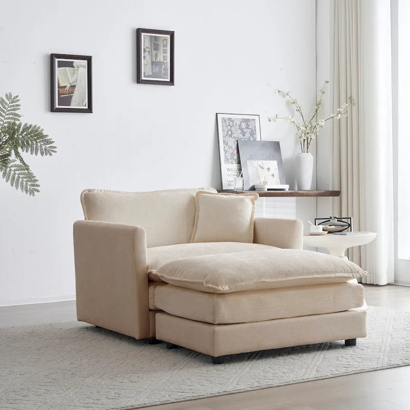 Fauteuil simple en chenille beige avec pouf et double coussin – Simple