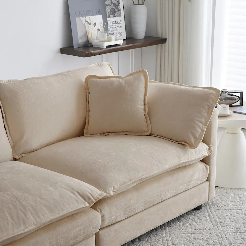 Fauteuil simple en chenille beige avec pouf et double coussin – Simple