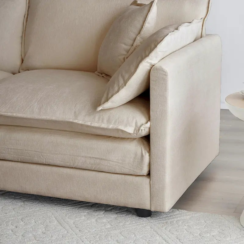 Fauteuil simple en chenille beige avec pouf et double coussin – Simple