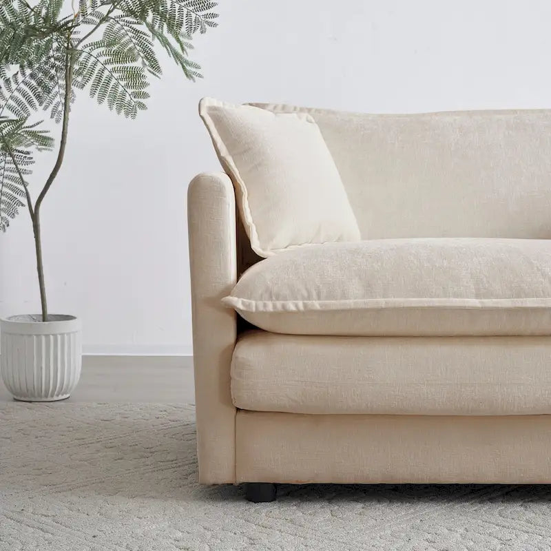 Fauteuil simple en chenille beige avec pouf et double coussin – Simple