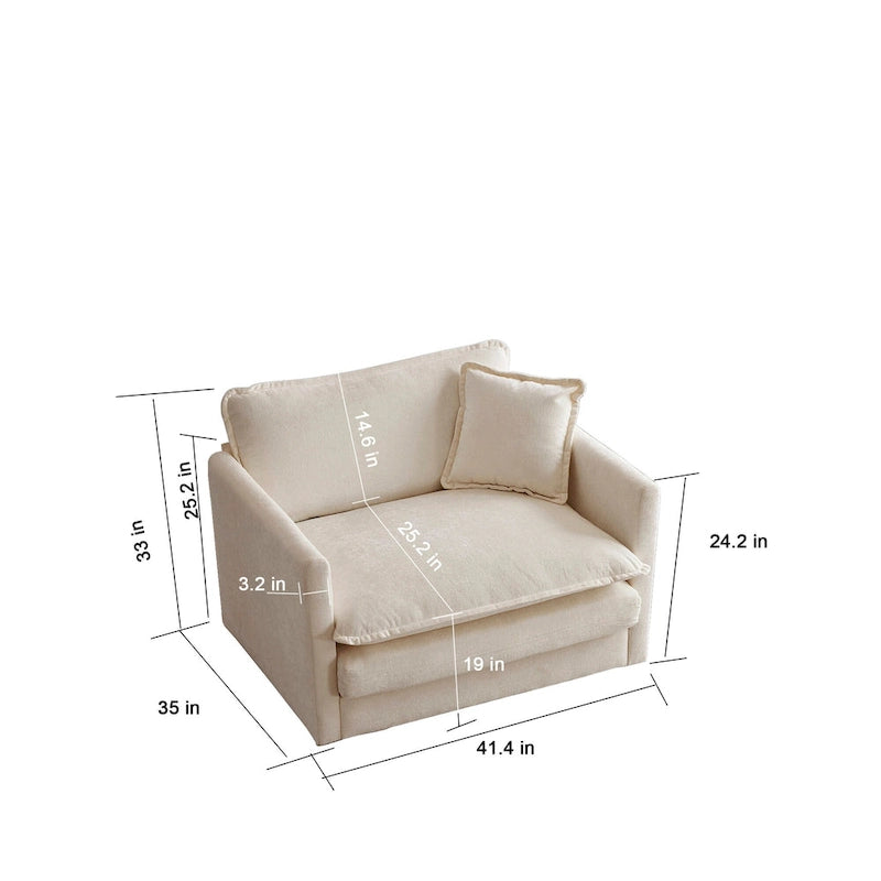 Fauteuil simple en chenille beige avec pouf et double coussin – Simple