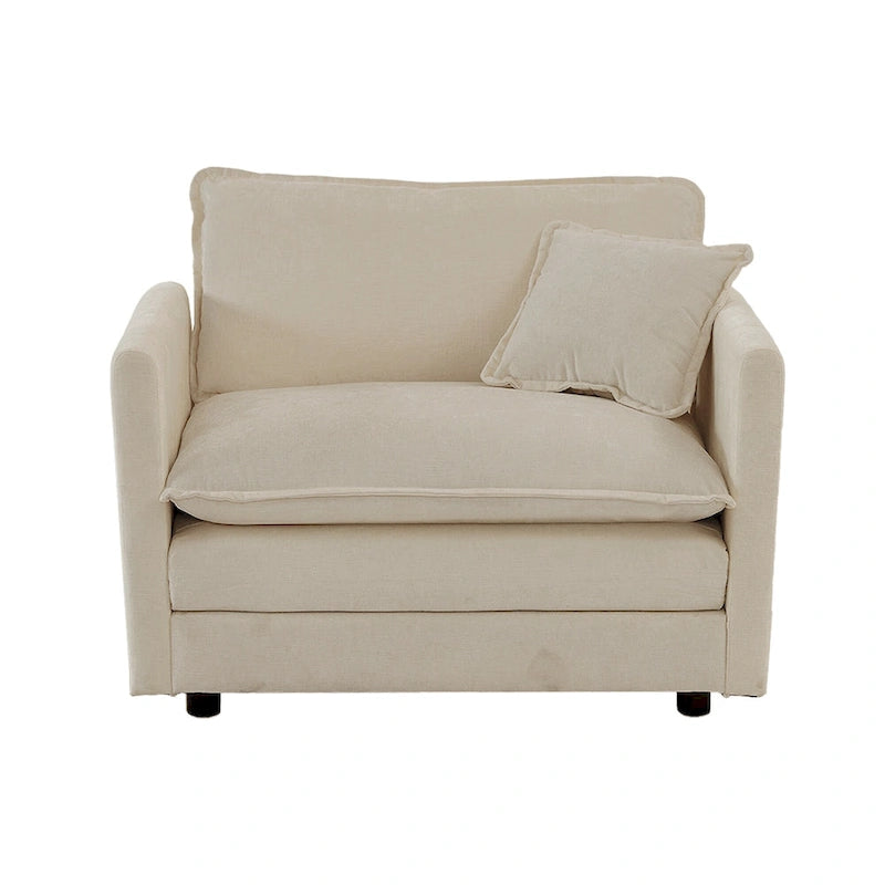 Fauteuil simple en chenille beige avec pouf et double coussin – Simple