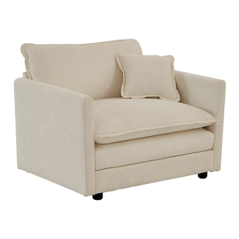 Fauteuil simple en chenille beige avec pouf et double coussin – Simple