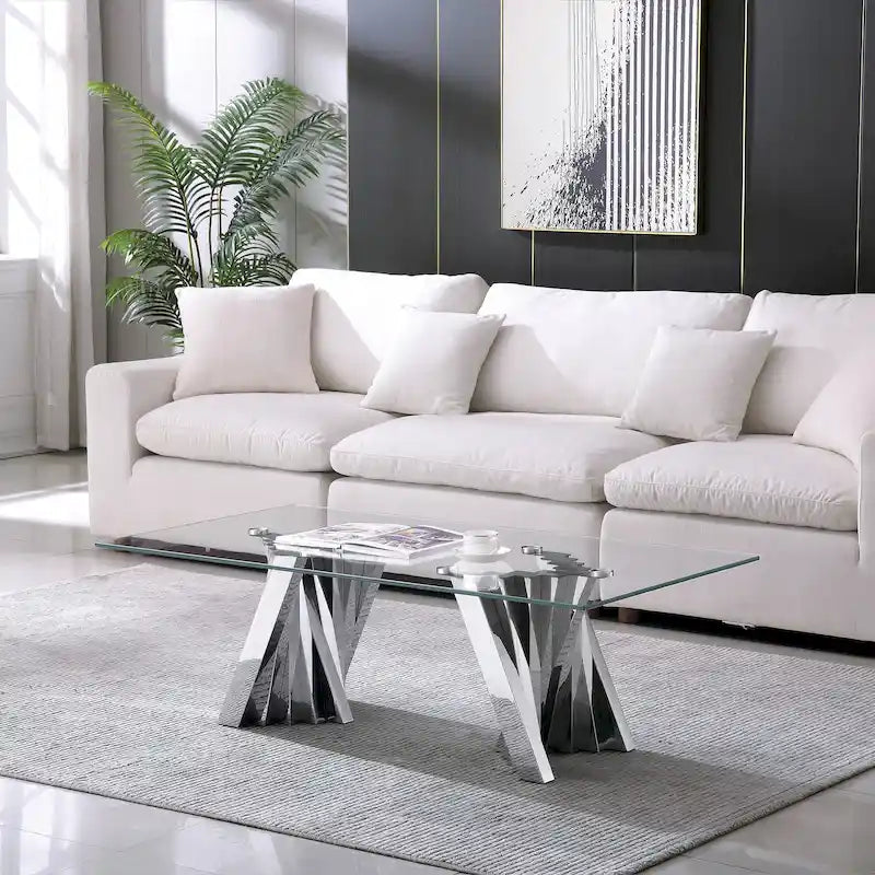 Table basse plateau verre trempé argent / or avec base en acier inoxydable – Unique