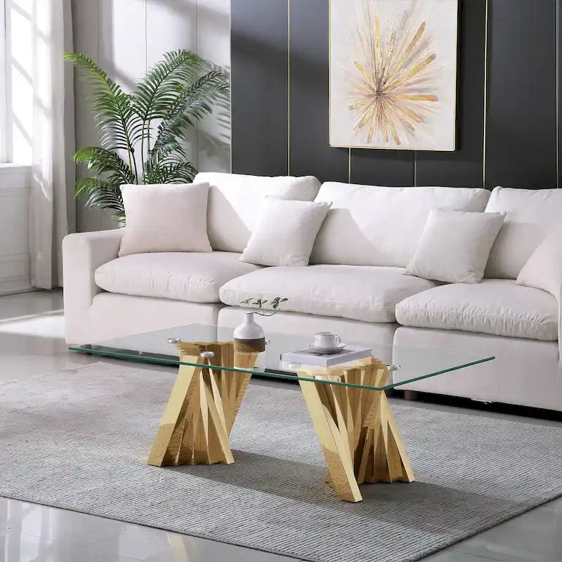 Table basse plateau verre trempé argent / or avec base en acier inoxydable – Unique