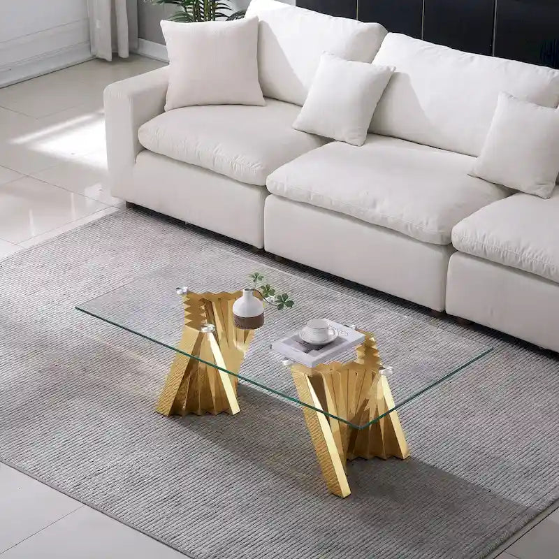 Table basse plateau verre trempé argent / or avec base en acier inoxydable – Unique