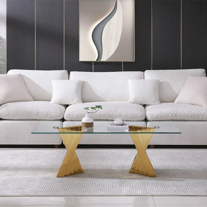 Table basse plateau verre trempé argent / or avec base en acier inoxydable – Unique