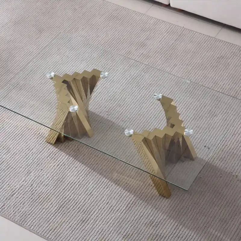 Table basse plateau verre trempé argent / or avec base en acier inoxydable – Unique