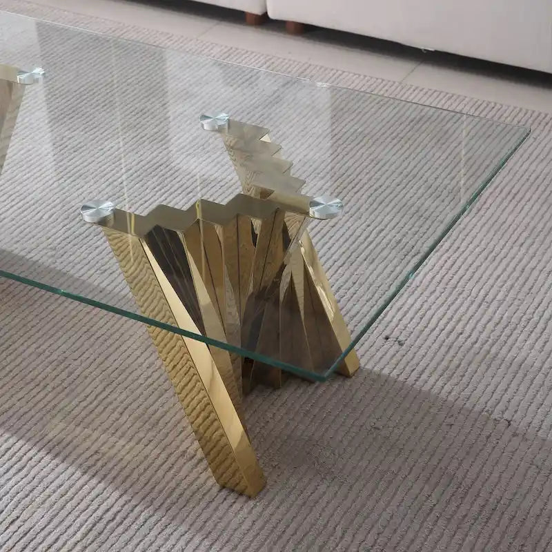 Table basse plateau verre trempé argent / or avec base en acier inoxydable – Unique
