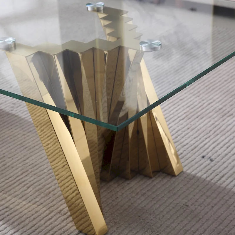 Table basse plateau verre trempé argent / or avec base en acier inoxydable – Unique