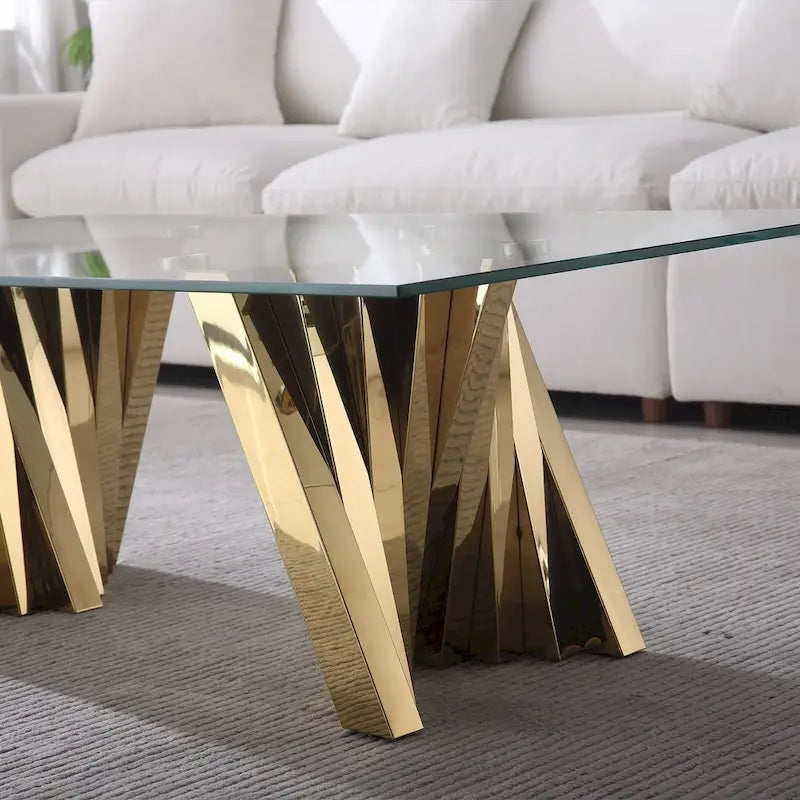 Table basse plateau verre trempé argent / or avec base en acier inoxydable – Unique