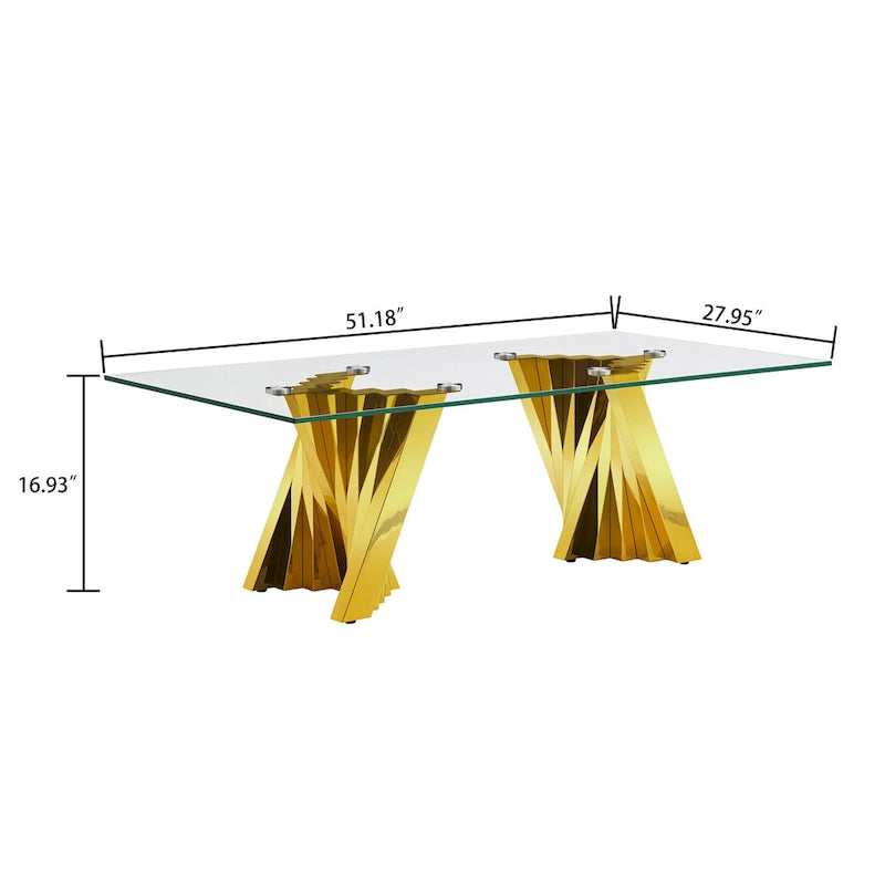 Table basse plateau verre trempé argent / or avec base en acier inoxydable – Unique