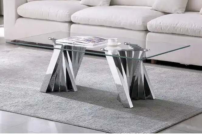 Table basse plateau verre trempé argent / or avec base en acier inoxydable – Unique