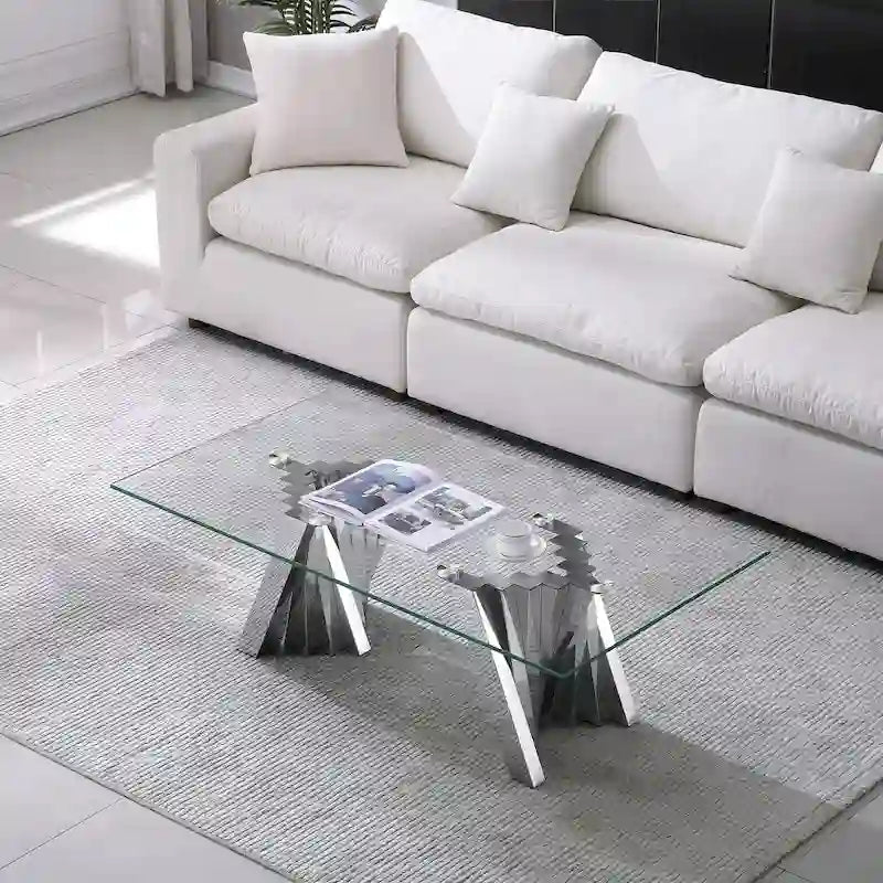 Table basse plateau verre trempé argent / or avec base en acier inoxydable – Unique