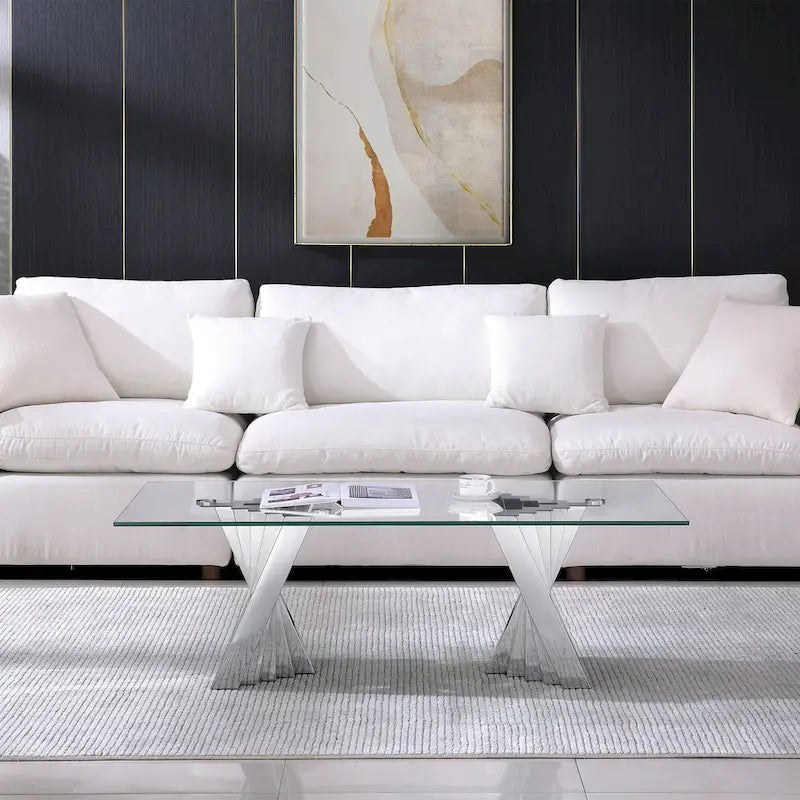 Table basse plateau verre trempé argent / or avec base en acier inoxydable – Unique