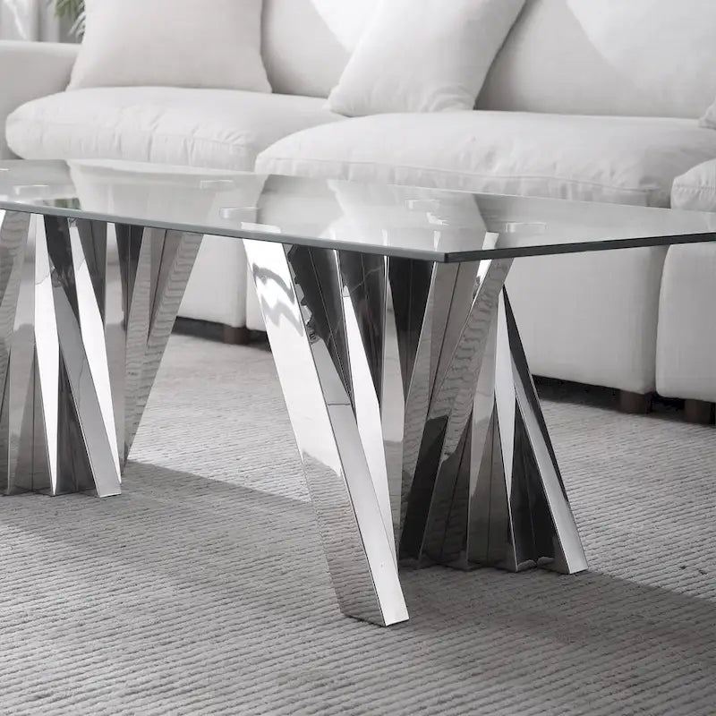 Table basse plateau verre trempé argent / or avec base en acier inoxydable – Unique