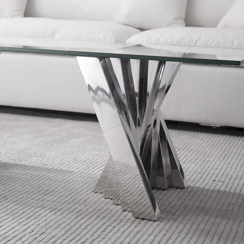 Table basse plateau verre trempé argent / or avec base en acier inoxydable – Unique