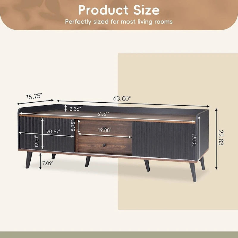 Meuble TV moderne Mid-Century brun foncé et noir de 160 cm avec tiroirs – Simple