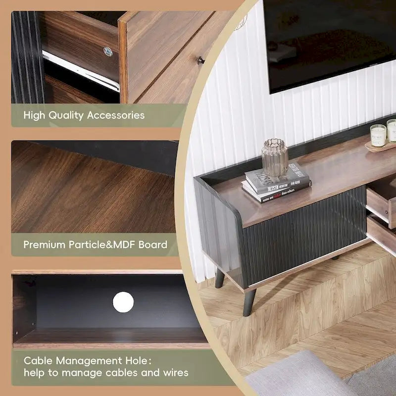 Meuble TV moderne Mid-Century brun foncé et noir de 160 cm avec tiroirs – Simple