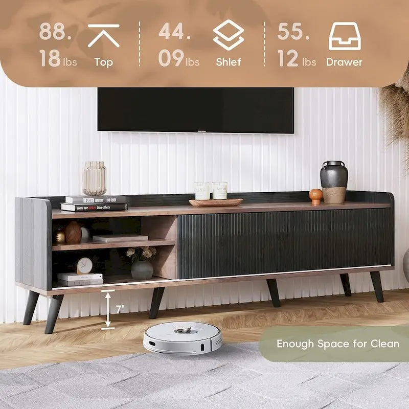 Meuble TV moderne Mid-Century brun foncé et noir de 160 cm avec tiroirs – Simple