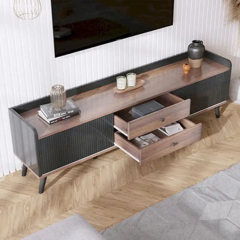Meuble TV moderne Mid-Century brun foncé et noir de 160 cm avec tiroirs – Simple