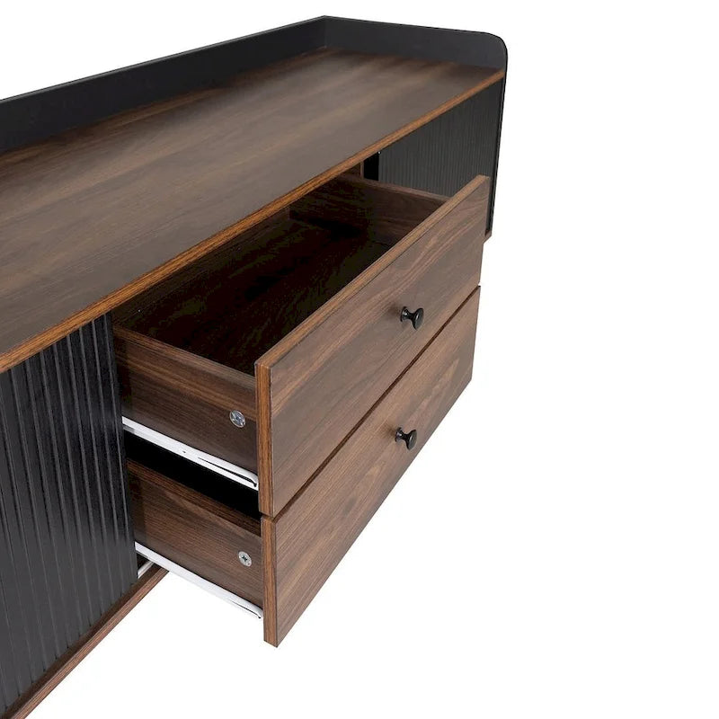 Meuble TV moderne Mid-Century brun foncé et noir de 160 cm avec tiroirs – Simple