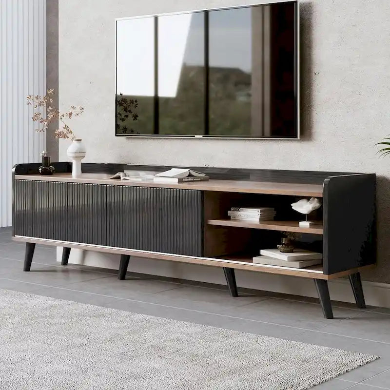 Meuble TV moderne Mid-Century brun foncé et noir de 160 cm avec tiroirs – Simple
