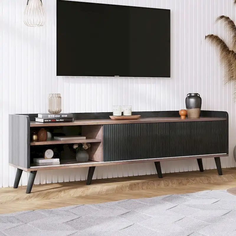 Meuble TV moderne Mid-Century brun foncé et noir de 160 cm avec tiroirs – Simple