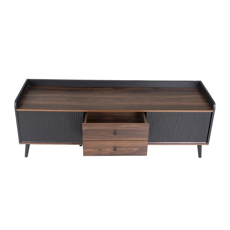 Meuble TV moderne Mid-Century brun foncé et noir de 160 cm avec tiroirs – Simple