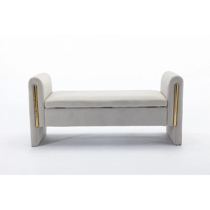 Banc de rangement en velours gris clair/ivoire avec accoudoirs et garniture dorée – Simple