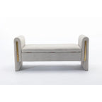 Banc de rangement en velours gris clair/ivoire avec accoudoirs et garniture dorée – Simple