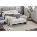 Banc de rangement en velours gris clair/ivoire avec accoudoirs et garniture dorée – Simple