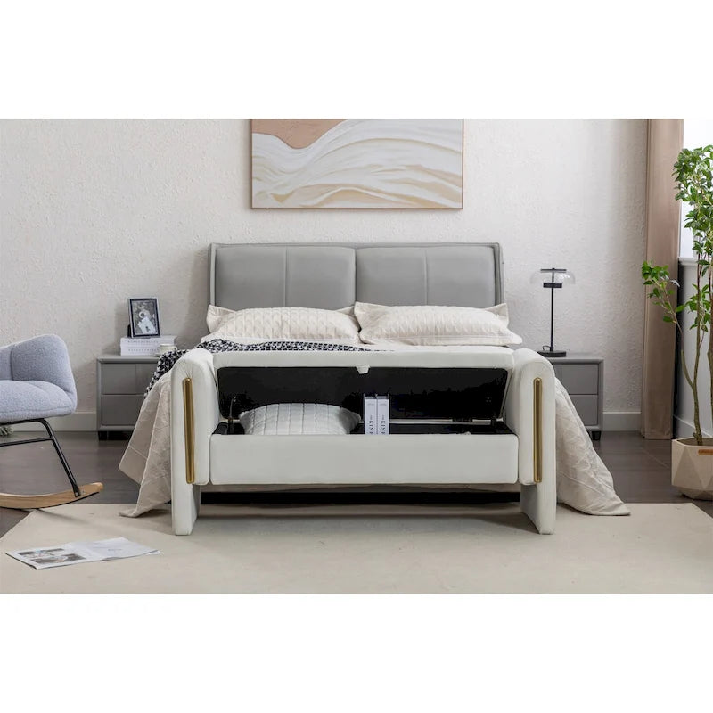 Banc de rangement en velours gris clair/ivoire avec accoudoirs et garniture dorée – Simple