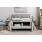 Banc de rangement en velours gris clair/ivoire avec accoudoirs et garniture dorée – Simple