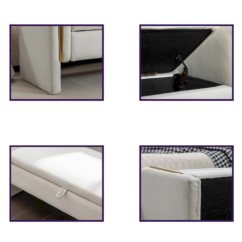Banc de rangement en velours gris clair/ivoire avec accoudoirs et garniture dorée – Simple