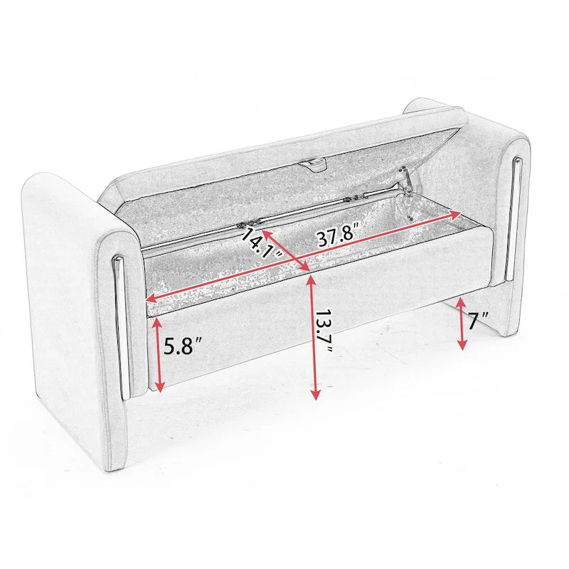Banc de rangement en velours gris clair/ivoire avec accoudoirs et garniture dorée – Simple