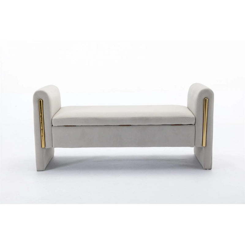 Banc de rangement en velours gris clair/ivoire avec accoudoirs et garniture dorée – Simple