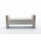 Banc de rangement en velours gris clair/ivoire avec accoudoirs et garniture dorée – Simple