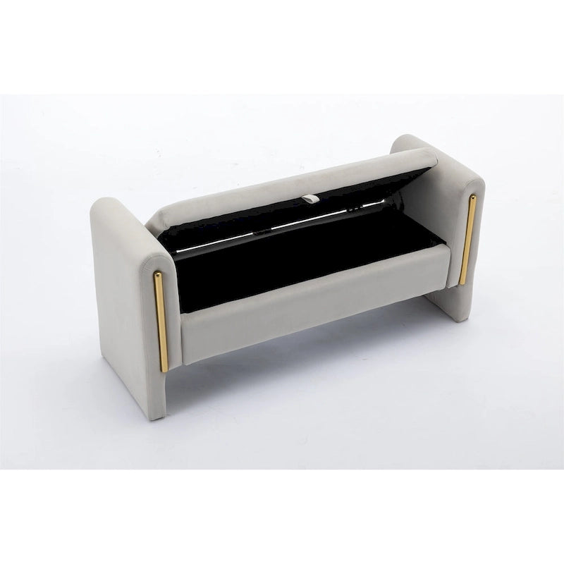 Banc de rangement en velours gris clair/ivoire avec accoudoirs et garniture dorée – Simple
